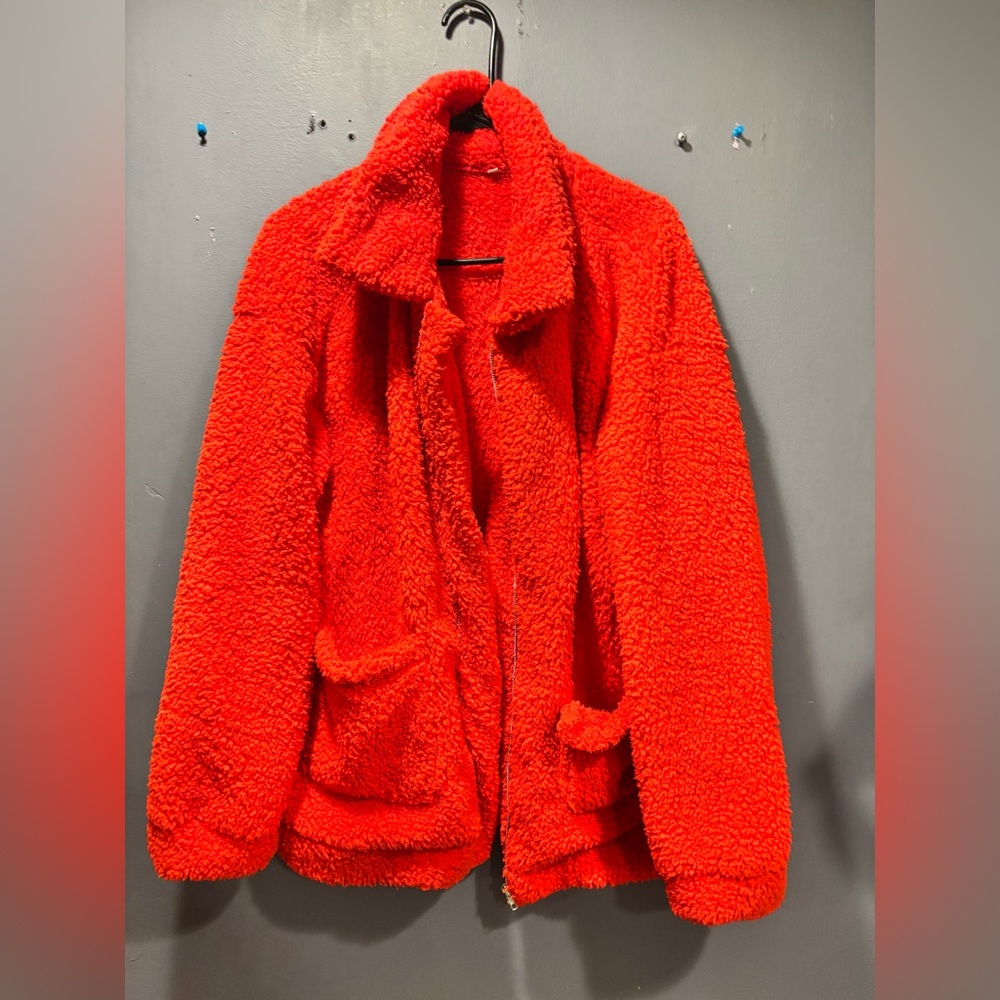 - Red Sherpa Zip Up Teddy Jacket